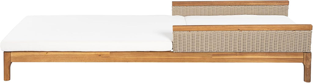 Outdoor Acacia Wood Lounge Chair with Adjustable Backrest, Patio Chaise Lounge with Cushions and Light Grey Wicker