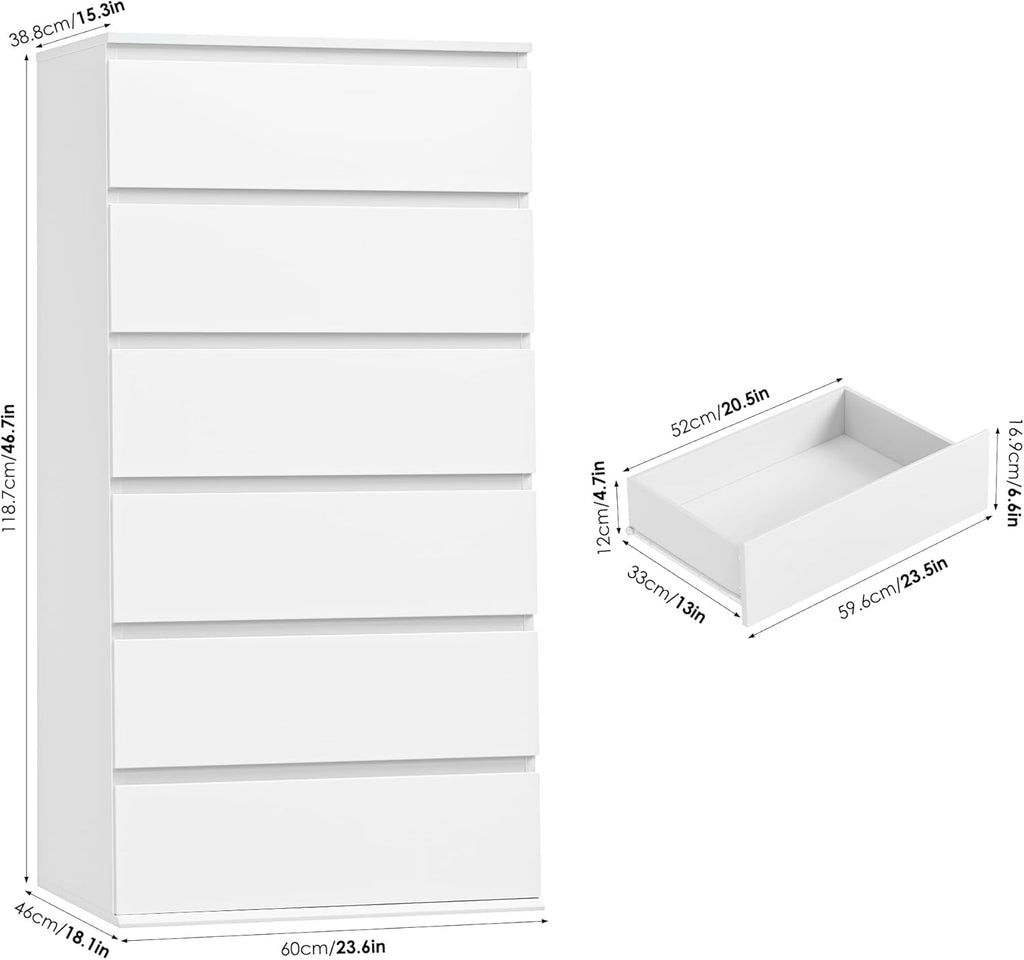 White Dresser, 6 Drawer Dresser, Modern Tall Floor Storage Cabinet with Metal Sliding Rail, Wooden Handleless Drawer