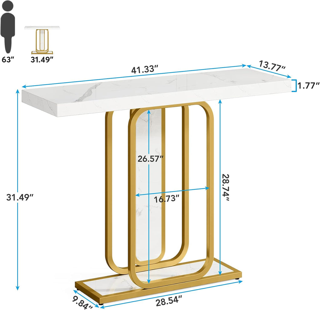 Modern Gold White Console Table with LED Lights, 41.3 Inch Entryway Hallway Foyer Accent Table with Faux Marble
