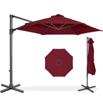 10ft Offset Cantilever Hanging Market Patio Umbrella, Smooth 360° Rotation, 8 Sturdy Ribs, Easy Adjustment - Burgundy