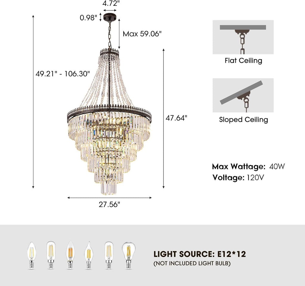 French Empire Crystal Chandelier, Large Vintage Chandelier for High Ceiling, 6-Tier Antique Bronze Lighting, Farmhouse Ceiling Light Fixture for Foyer, Entryway, Living Room, 28" Wx48''H