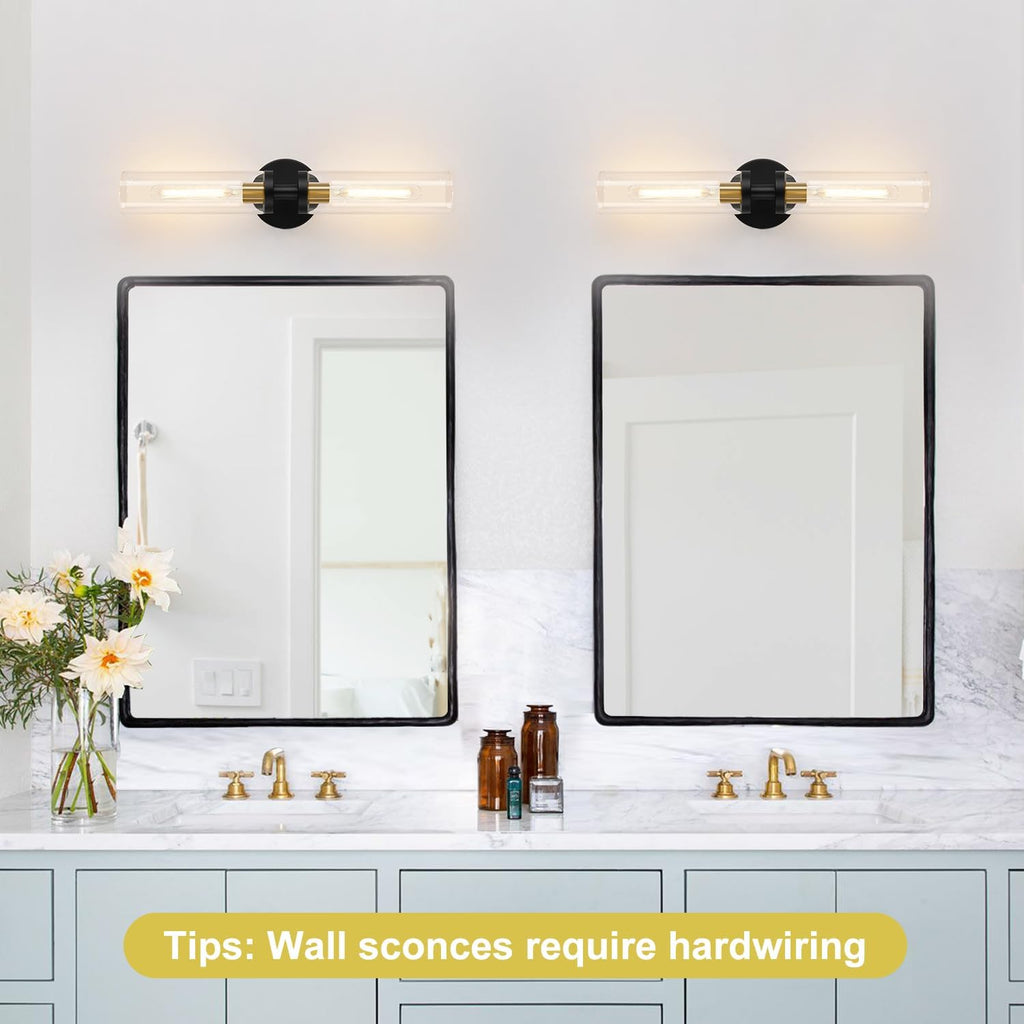 Hardwired Wall Sconces Set of Two, 22" Black and Gold Bathroom Sconces with Clear Glass, Modern Sconces Wall Decor