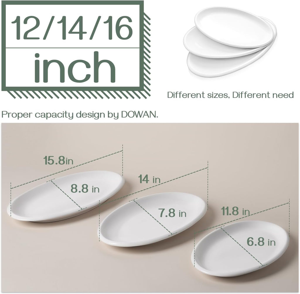Large Serving Platter, 16"/14"/12" Oval Platters Oven Safe, White Serving Plates for Wedding Decor, Ceramic Serving