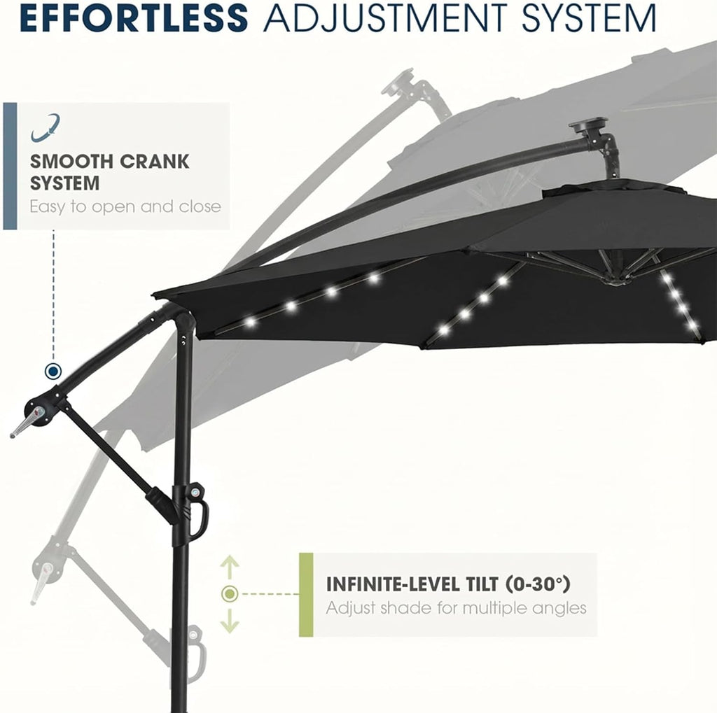 10ft Solar LED Patio Umbrella with Base Included, Offset Umbrella with Weighted Sandbag Base