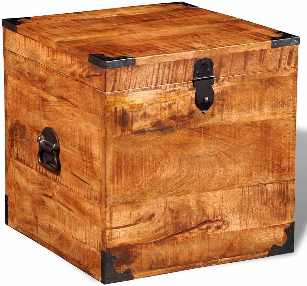 Handmade Cubic Storage Chest, Solid Rough Mango Wood Decorative Trunk, Vintage Style Organizer Bin , 18 x 18 x 18