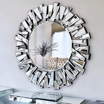 Round Mirror for Wall Decor, 36" Large Living Room Mirror with 3D Beveled Glass Frame, Modern Frameless Unique Design