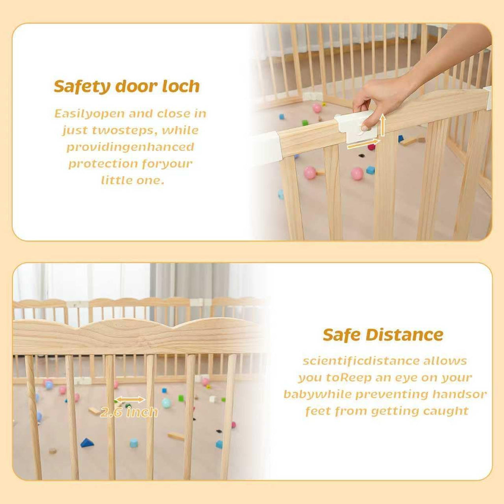 Wooden Baby Playpen 69x103 Inch Foldable Toddler Fence with Safety Lock | Extra Large Natural Wood Foldable Baby