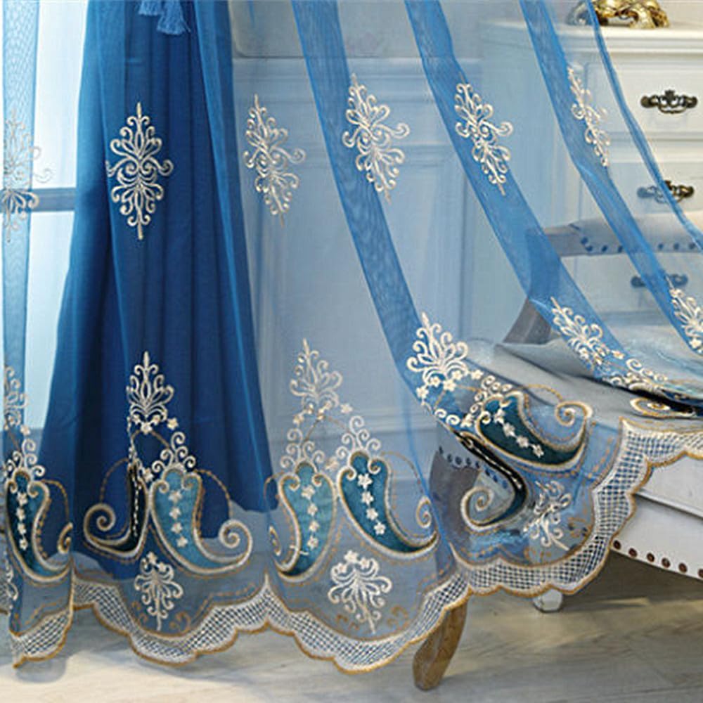 1 Pair European Double Layer Curtains with Valances for Living Room Bedroom Luxury Embroidered Curtains (Blue