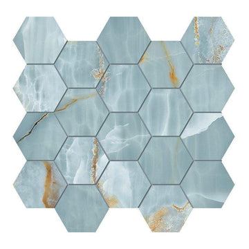 HTC168 Azurite 3" Turquoise Blue Mixed Hexagon Matte Porcelain Mosaic Tile - Marble Look, Ideal for Backsplash