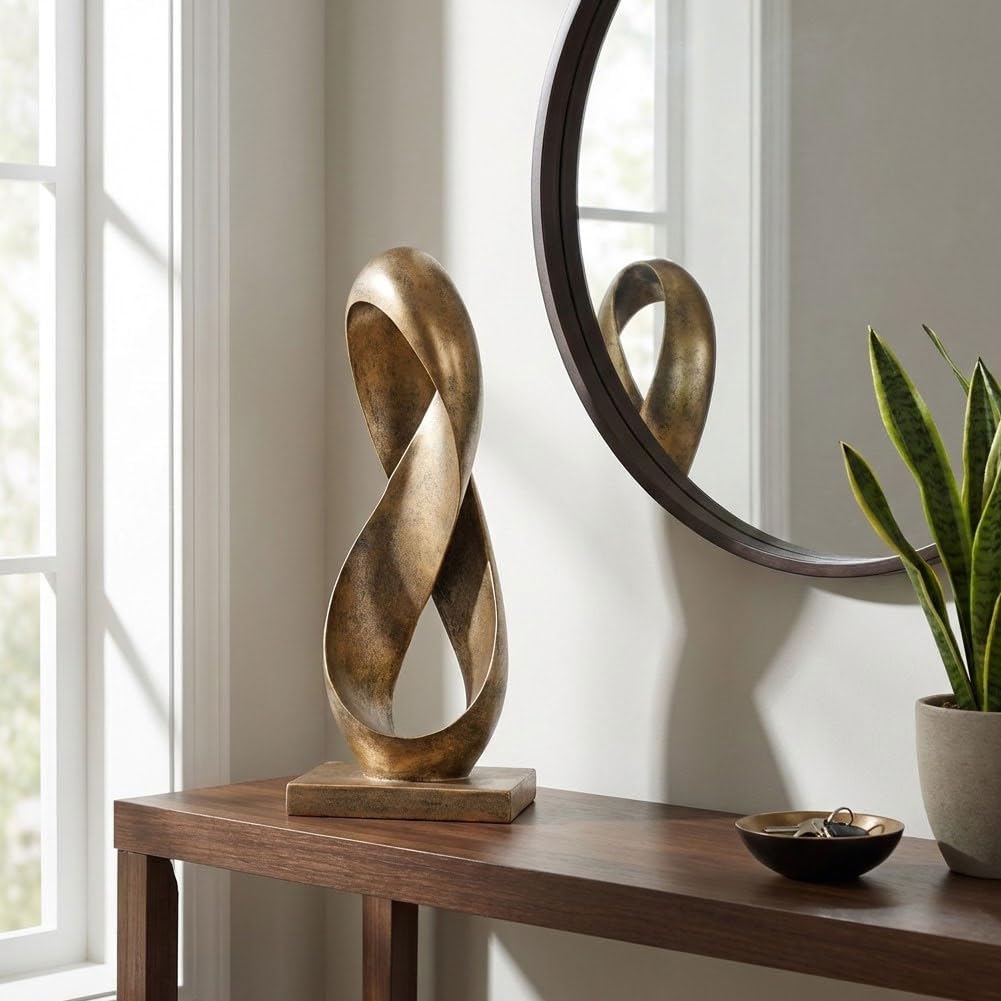 14.6" Tall Abstract Bronze-Finish Knot Sculpture, Modern Resin Infinity Loop Statue, Modern Tabletop Decor for Coffee