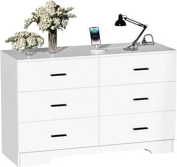 Dresser with Power Outlets Wooden 6 Drawer Dresser with USB and Type C Port Chest of Drawers Tall White Storage