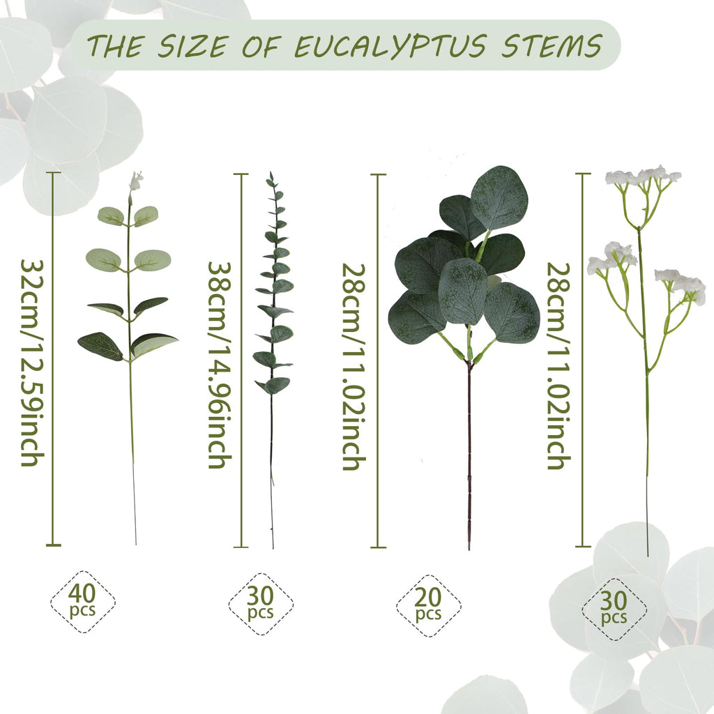 Artificial Eucalyptus Leaves Stems 120 Pcs 4 Kinds Mixed Fake Silver Dollar Eucalyptus Leaves Stem with Babysbreath