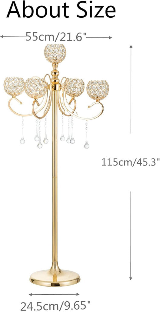 Gold Floor Candelabra for centerpieces, 45.3in Tall 5-Branch Candle Holder with Crystal Beaded Chandelier Holder Standon