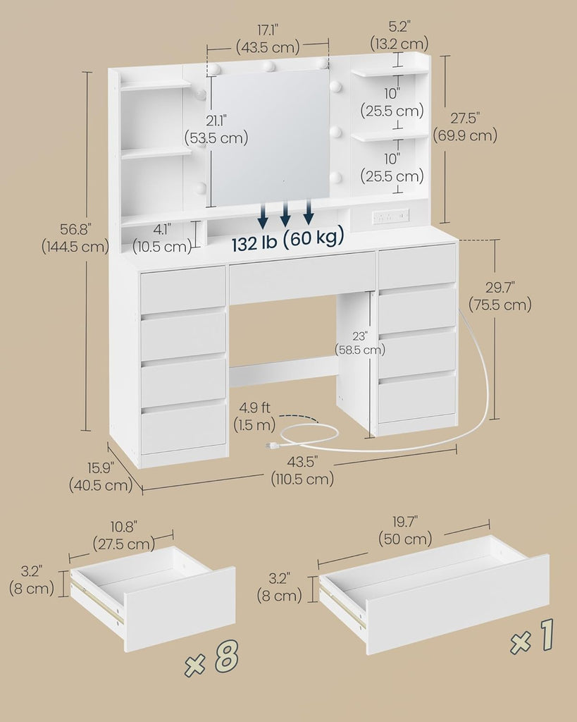 Vanity Desk with Mirror and Lights, Makeup Vanity Table with Power Outlets, 9 Drawers Storage Dressing Table , White