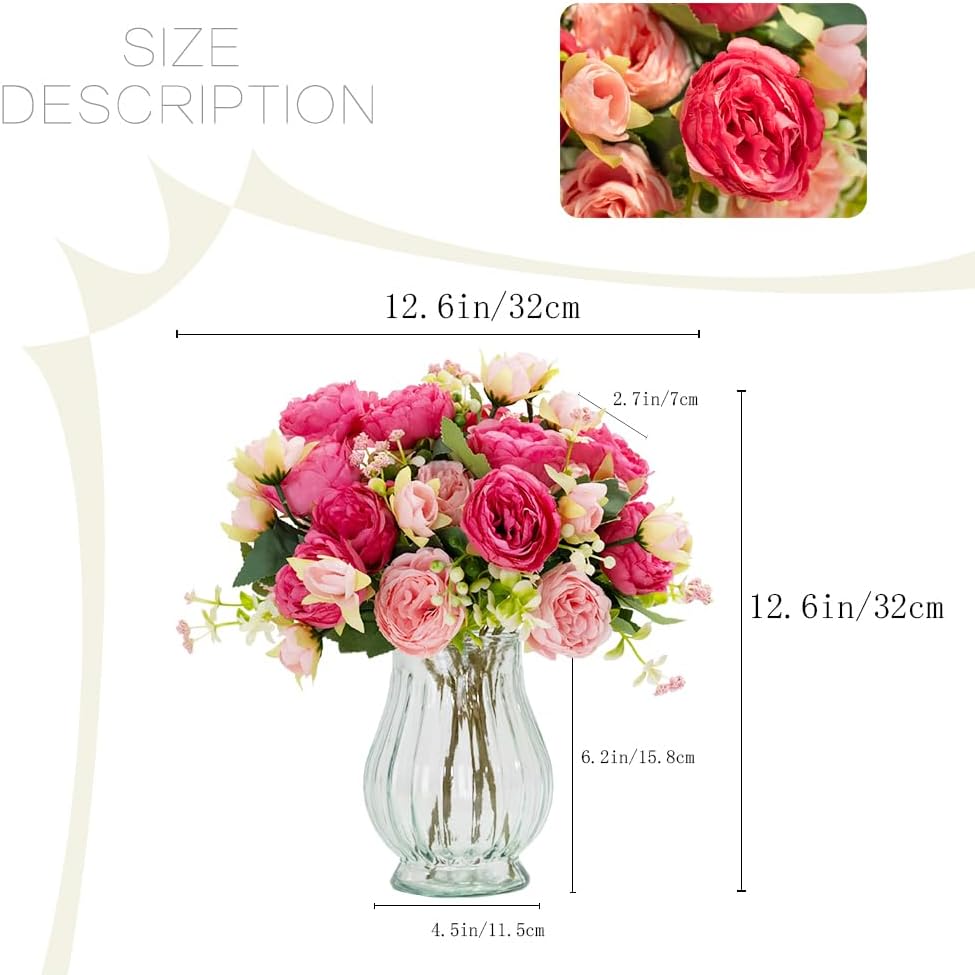 Artificial Peonies Silk Flowers in Glass Vase Faux Flowers Bouquets Modern Penoy Arrangement 4 Pack Decoration Table