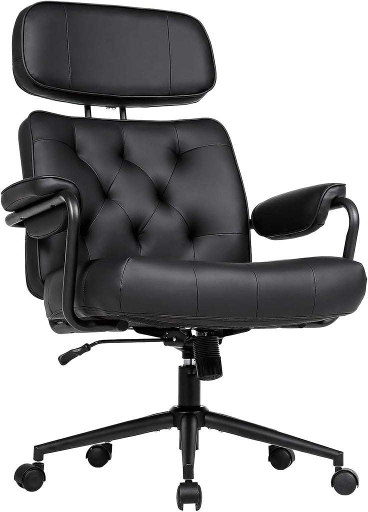 Mid Century Modern Home Office Desk Chair, Ergonomic Big and Tall, High Back Executive Leather Extra Wide, Computer