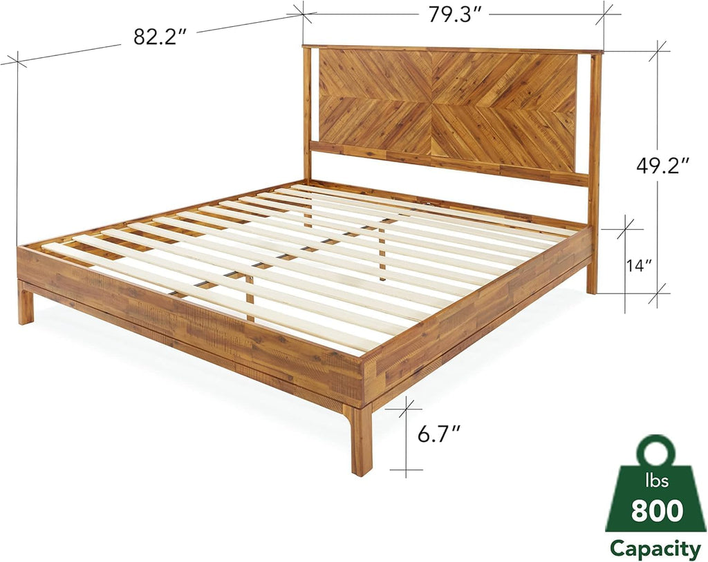 Vivian 14 Inch Deluxe Bed Frame with Headboard, Rustic & Scandinavian Style with Solid Acacia Wood