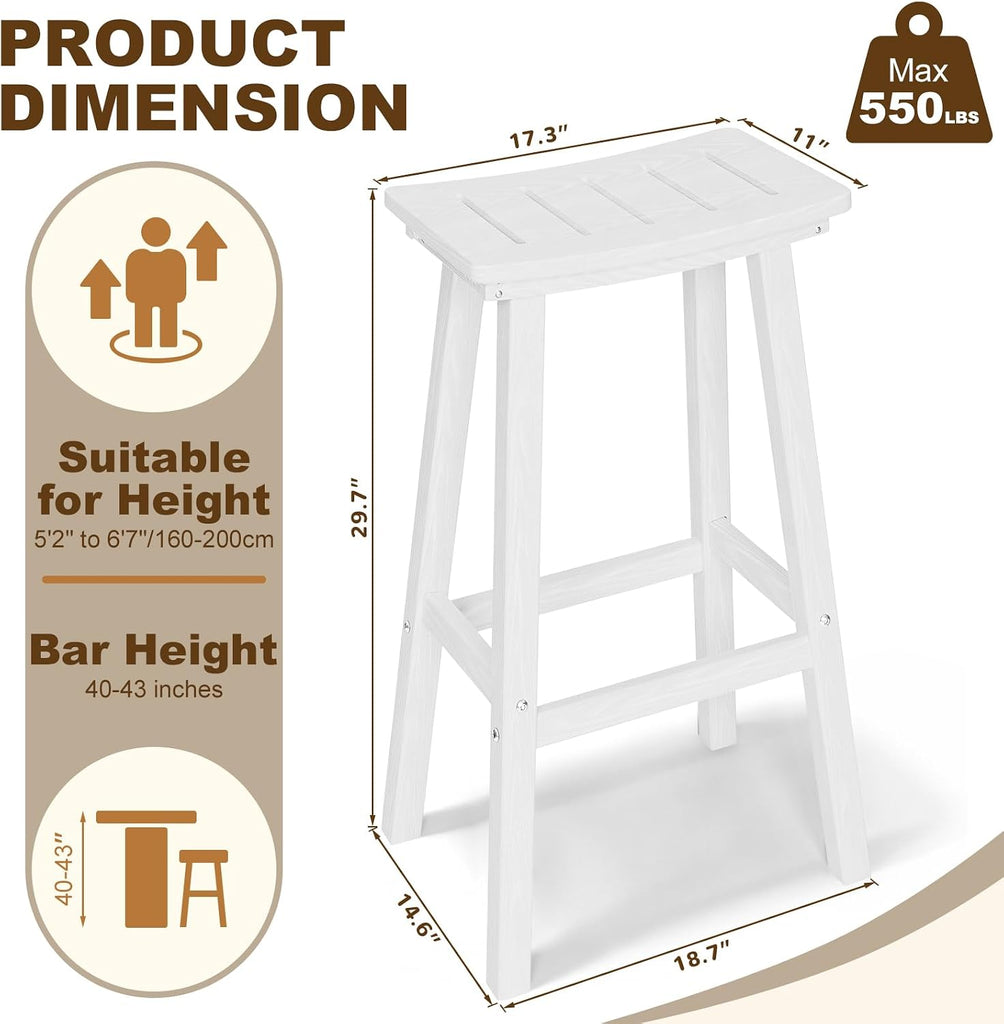 Outdoor Bar Stools Set of 4, 29 Inch All-Weather HDPE Bar Height Chairs, 500lbs Heavy Duty Patio Stools with Saddle