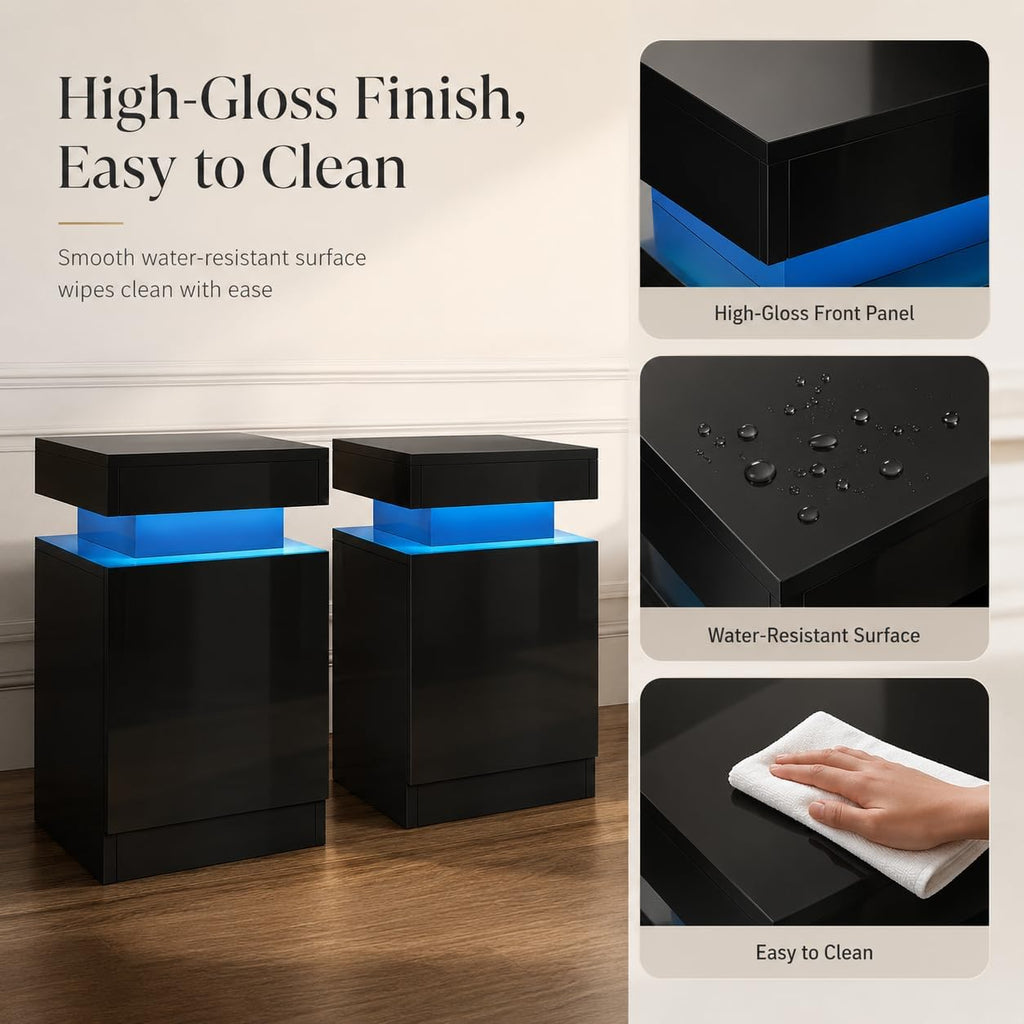 Nightstand Set of 2 with LED Lights, 24in Tall Night Stand with Storage Cabinet , Bedside Table with LED (Black