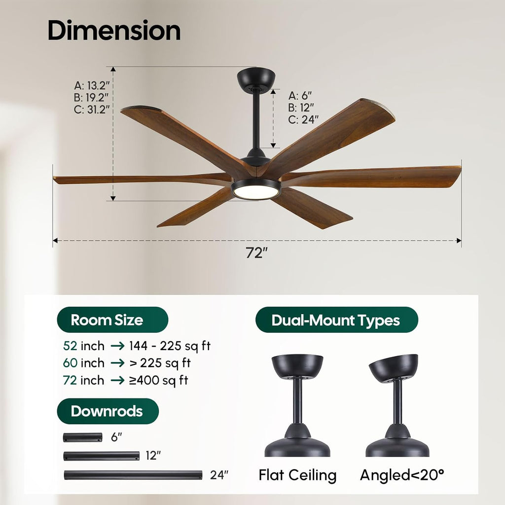 72 Inch Smart Outdoor Ceiling Fan with Light, Alexa/Wifi/Remote Control, 6 Solid Wood Blades Damp Rated
