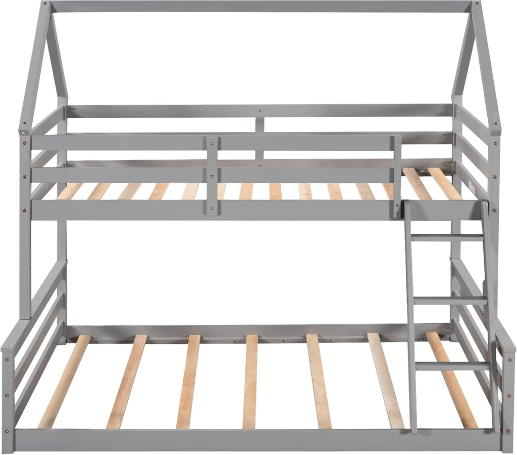 House Floor Bunk Bed with Ladder Twin Over Full,Wood Low Bunk Bed for Kids Juniors