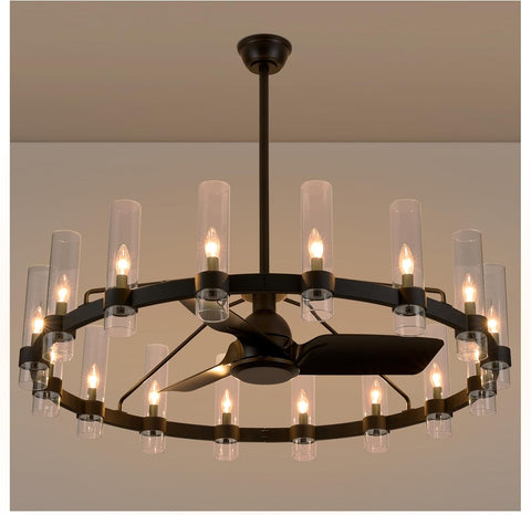 Black Ceiling Fans with 16 Lights Wagon Wheel Chandelier, 48 Inch Modern Farmhouse Fandelier, Quiet 6-Speed Reversible DC Motor, 1/2/4H Remote Timing for Living Room/Bedroom/Kitchen A115-B0F5M3KHDN