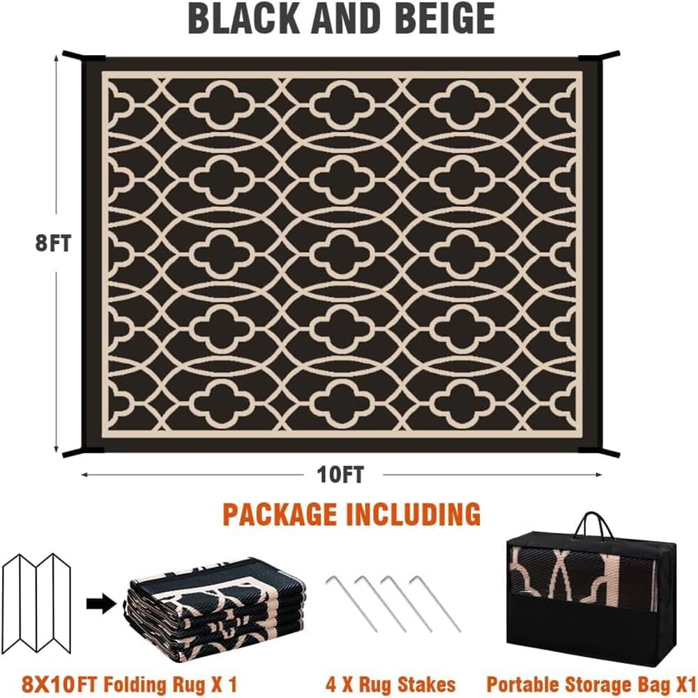 Outdoor Rug Waterproof 8x10 ft Outdoor Carpet Patio Rug Black Beige