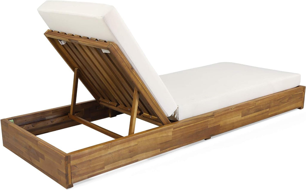 Acacia Wood Chaise Lounge Chair Outdoor, Adjustable Backrest Sun Lounger Recliner, Wooden Patio Sun Bathing