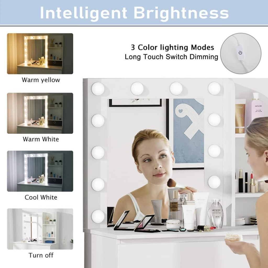 Makeup Vanity with Lights, 37inch Vanity Desk, 4 Large Drawers Dresser with Lighted Mirror, 3 Lighting Modes