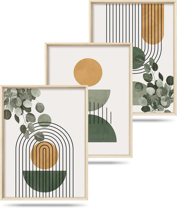 Boho Sage Green Leaves Framed Canvas Wall Art Set,Abstract Mid Century Geometric Arch Line Circle Decor,Modern