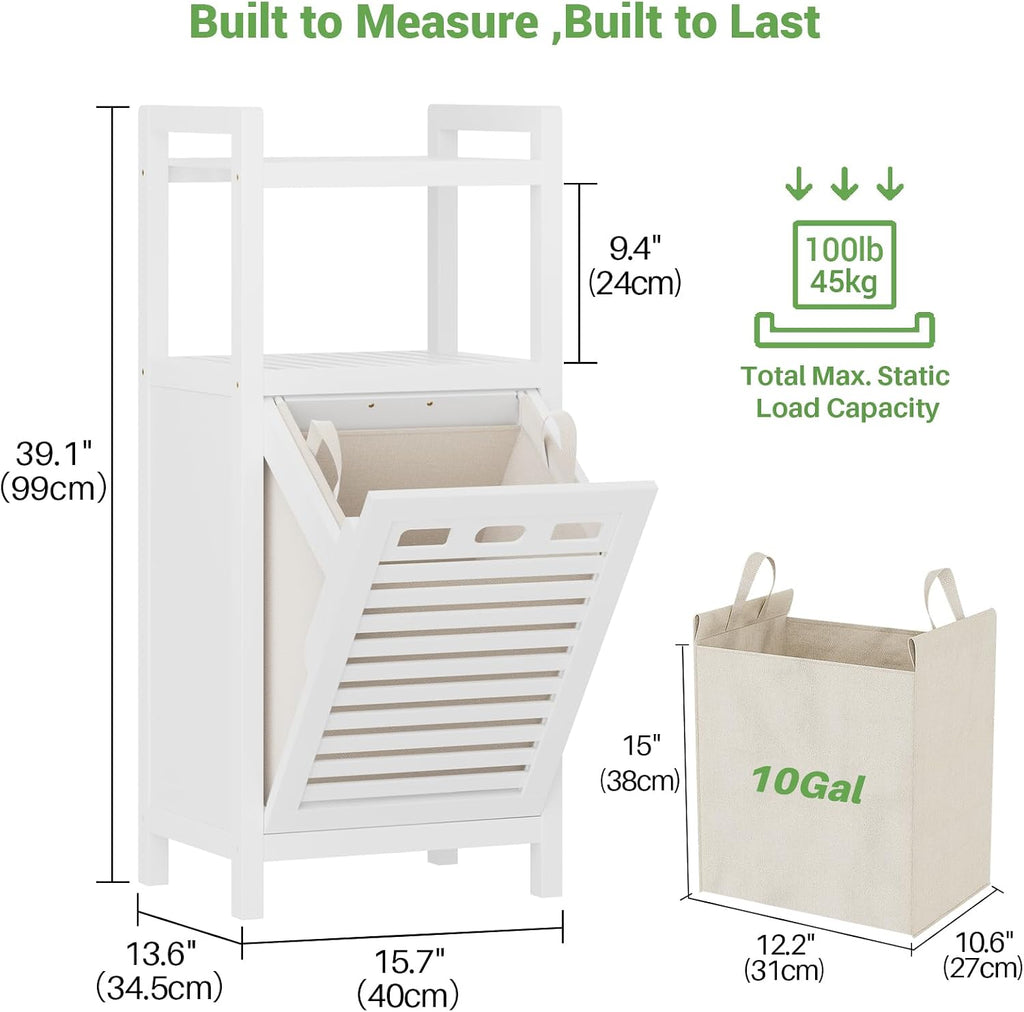 Tilt Out Laundry Hamper, 10 Gal Bamboo Laundry Storage Cabinet with Removable Basket, Hidden Hamper Organizer with