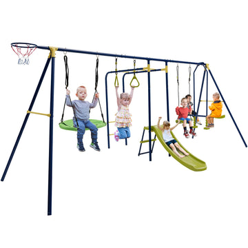 7-in-1 Swing Sets for Backyard, 660lbs Metal Playground Set w/Slide