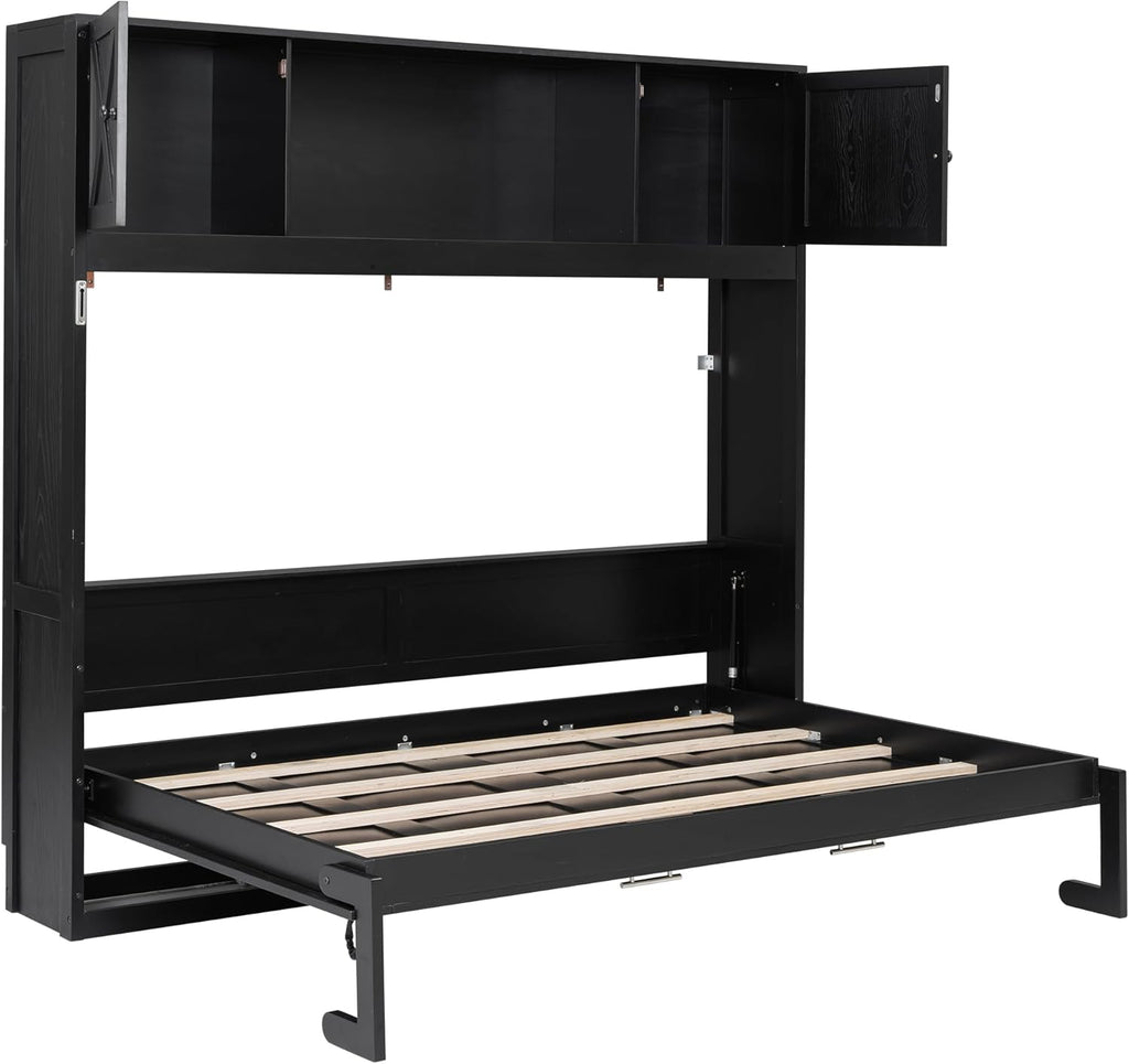Queen Murphy Bed with Storage Cabinets, Wood Murphy Bedframe with Bookcase Shelves, Folding Wall Bed Cabinet for Adults (Black)