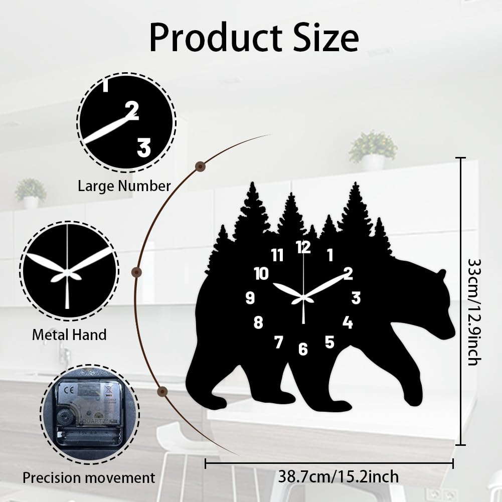 Bear Carrying Forest Pattern Wall Clock 15.2 Inch Wood Grain Non-Ticking Irregular Shape Clocks Wall Hanging Clock