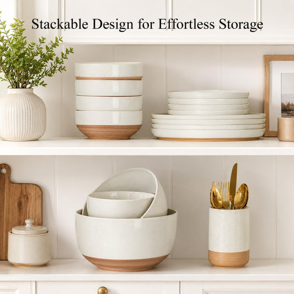 Ceramic Mixing Bowls|Nesting Bowls Set of 3 |Stoneware Serving Bowls with Rustic Terracotta Underside for