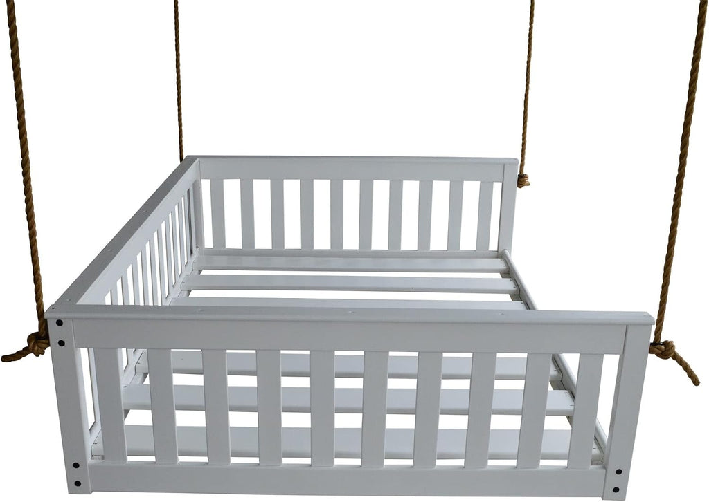 Amish-Made Full Size Mission-Style White Wooden Swing Bed with Ropes
