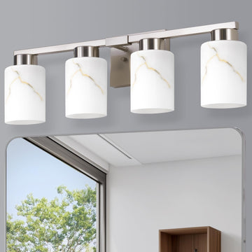 4-Light Bathroom Light Fixtures, Modern Vanity Lights, Brushed Nickel Metal Wall Lamp with White Marble Glass
