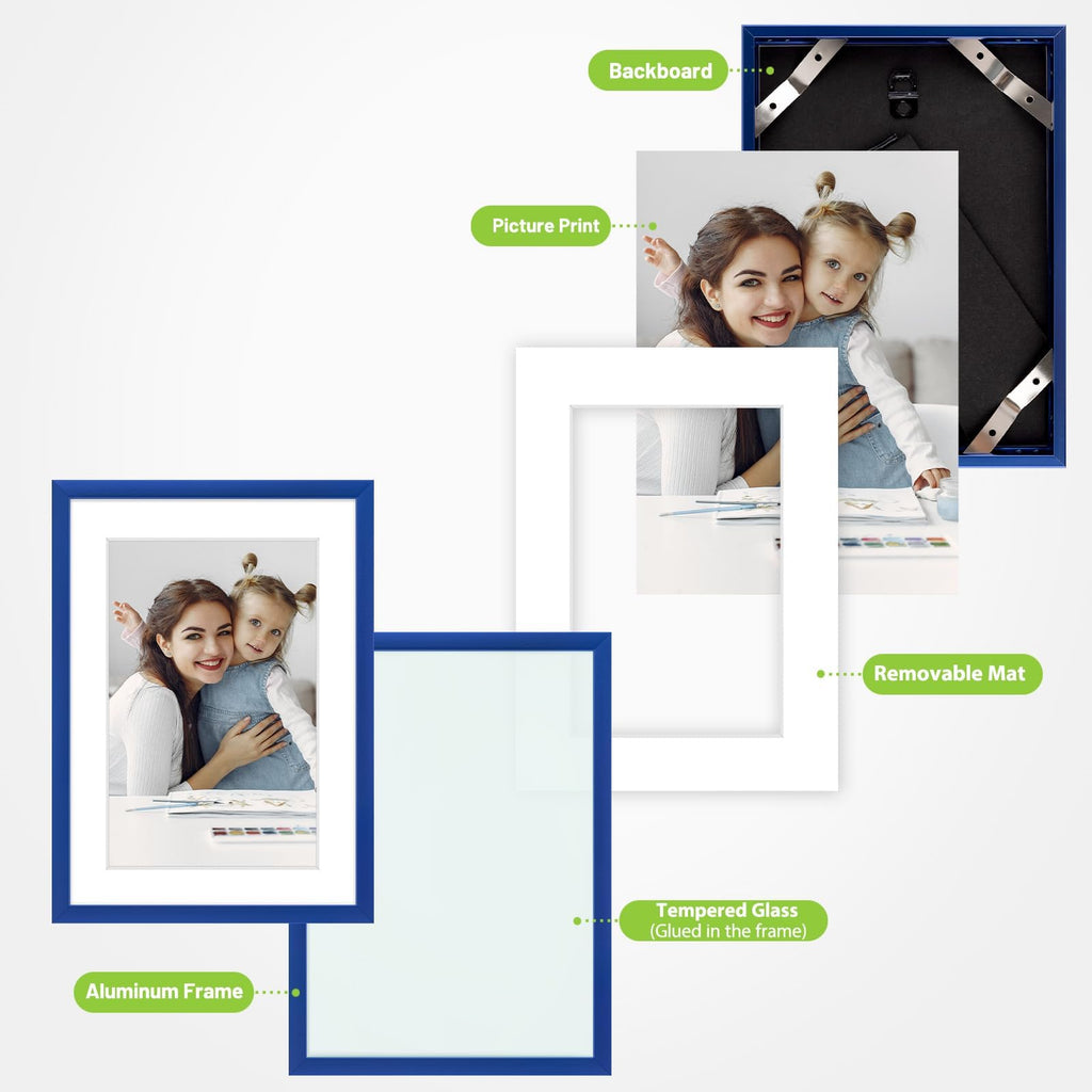 5x7 Blue Aluminum Frame with White Mat, Real Glass