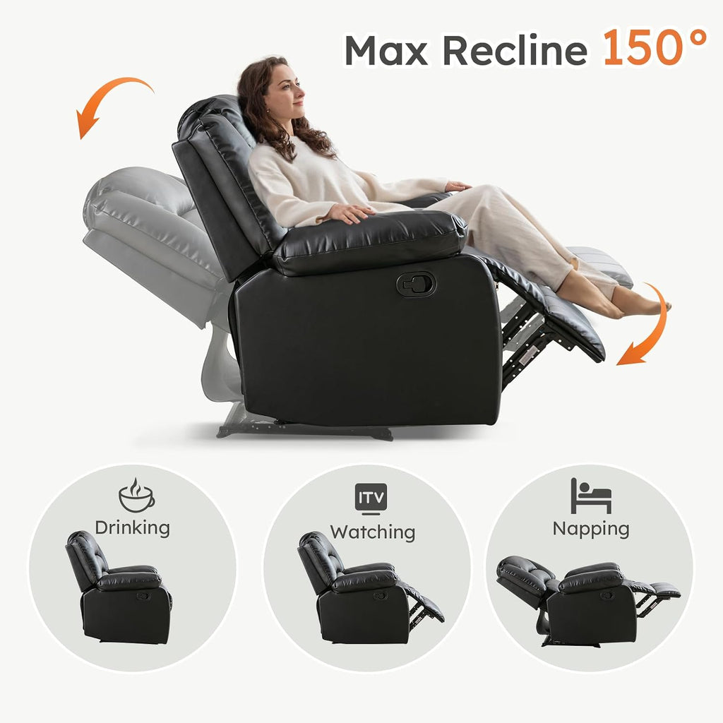 Traditional Recliner Chair, Breathable PU Leather, Extra Wide Manual Recliner with Overstuffed Arm and Back, Single