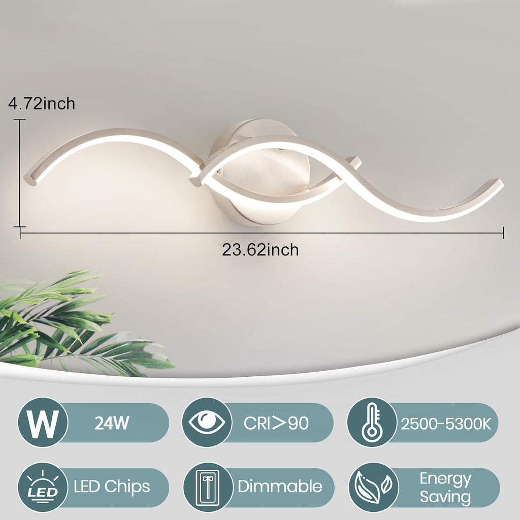 Brushed Nickel Curved 5CCT Bathroom Vanity Light Fixture Over Mirror, 23.62 inch Modern LED Wall Lamp Dimmable