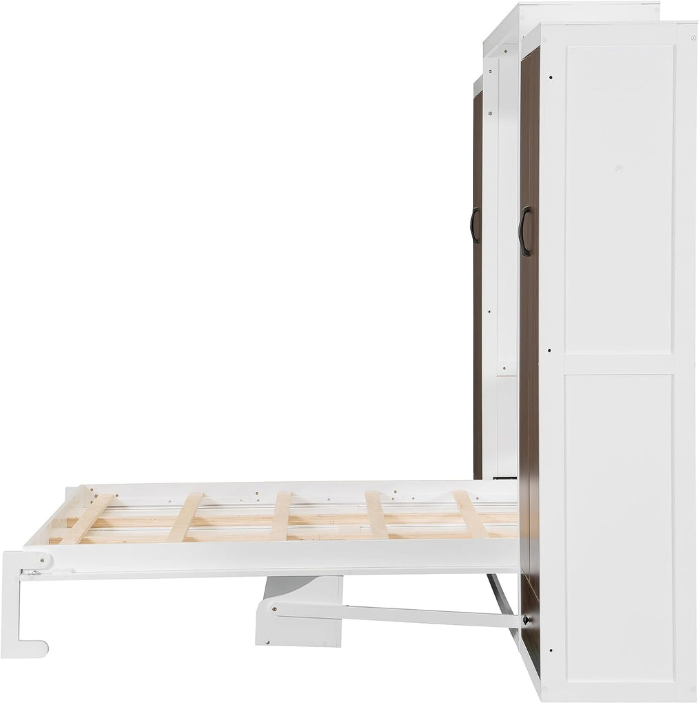 Queen Murphy Bed, Wooden Queen Wall Bed with Closet, Drawers and Desk, White