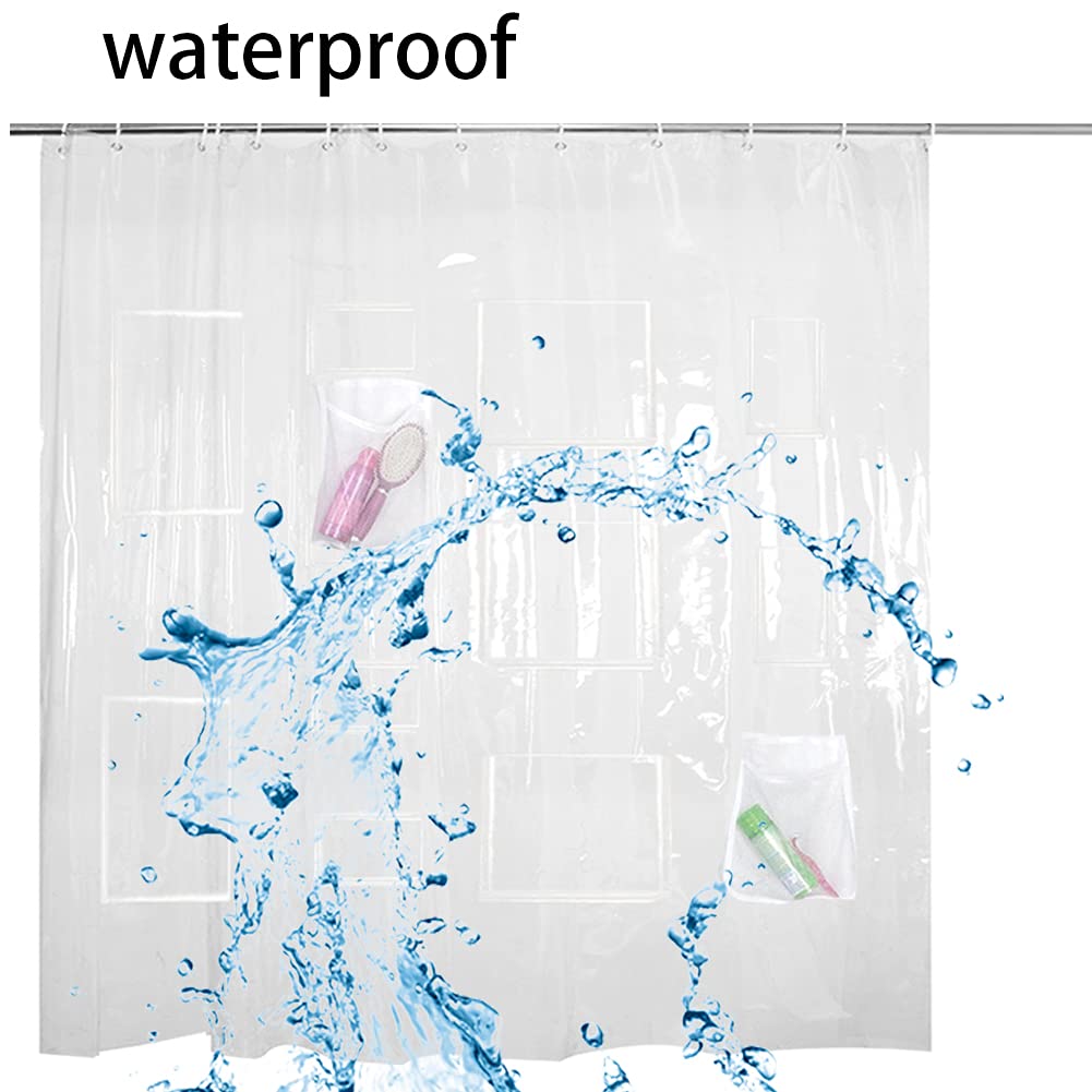 Shower Curtain Liner with 9 Pockets, 72in x 72in (Clear)