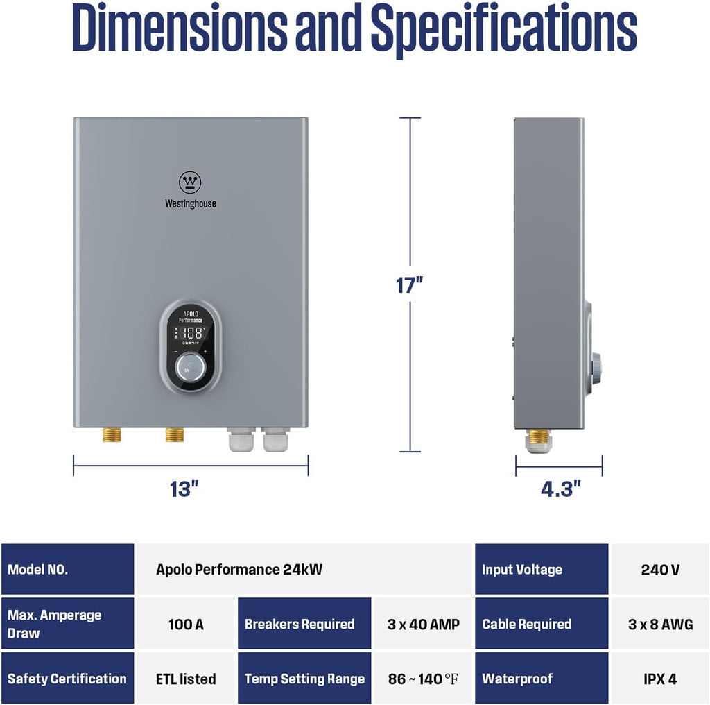 Tankless Water Heater Electric 24kW 240V, Instant On-Demand Hot Water, Smart WiFi