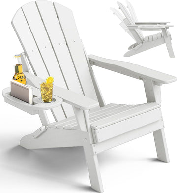 Adjustable Adirondack Chair with Cup Holder, HDPE, White | All-weather HDPE Outdoor Chair with Multifunctional Cup