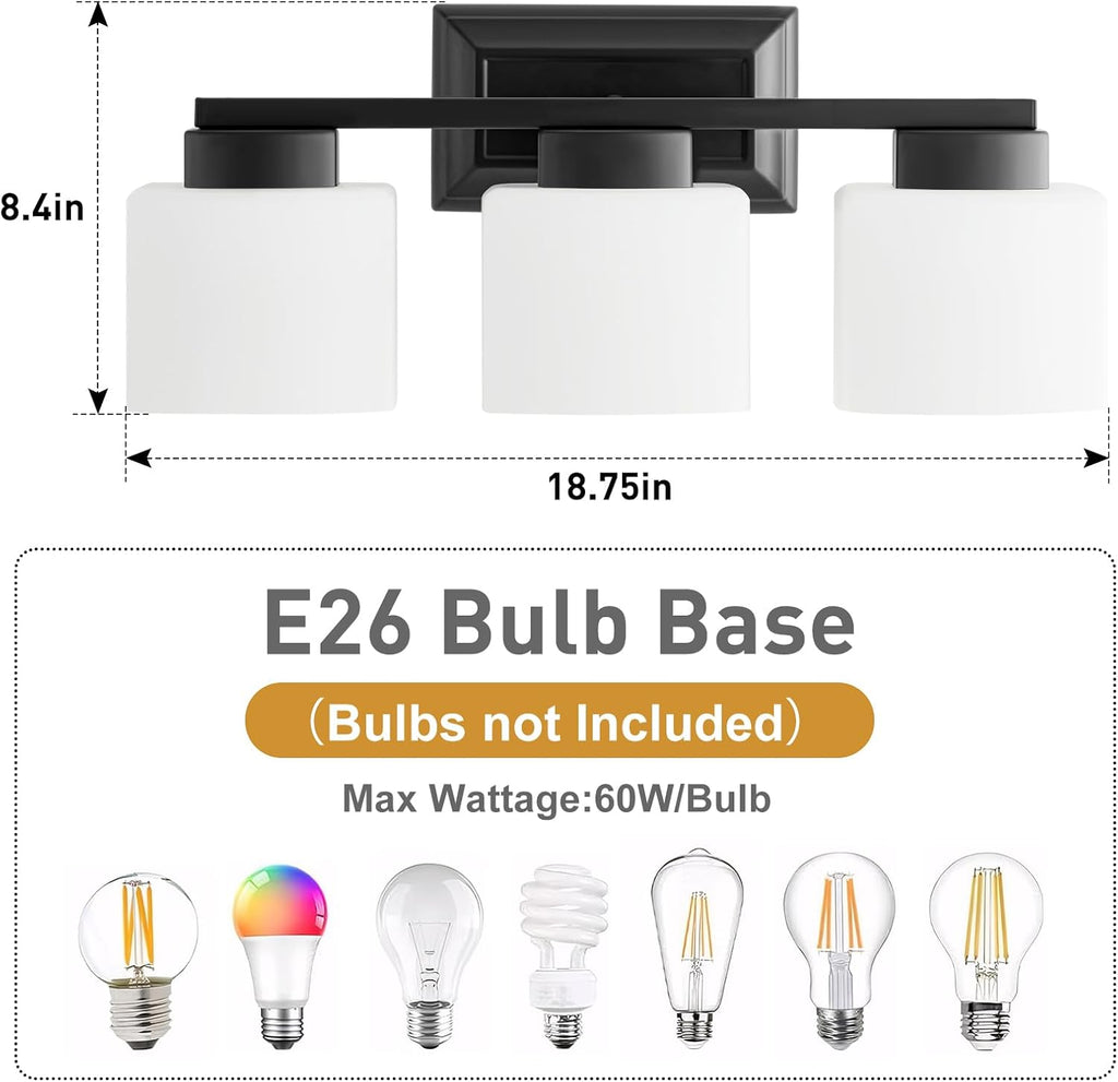 3-Light Bathroom Light Fixtures - Black Bathroom Vanity Lights with Frosted Glass Shade Modern Bathroom Lighting