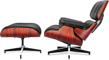 Mid-Century Modern Lounge Chair & Ottoman — Black Bonded Grain Leather, Rosewood Base, Premium Tall Back