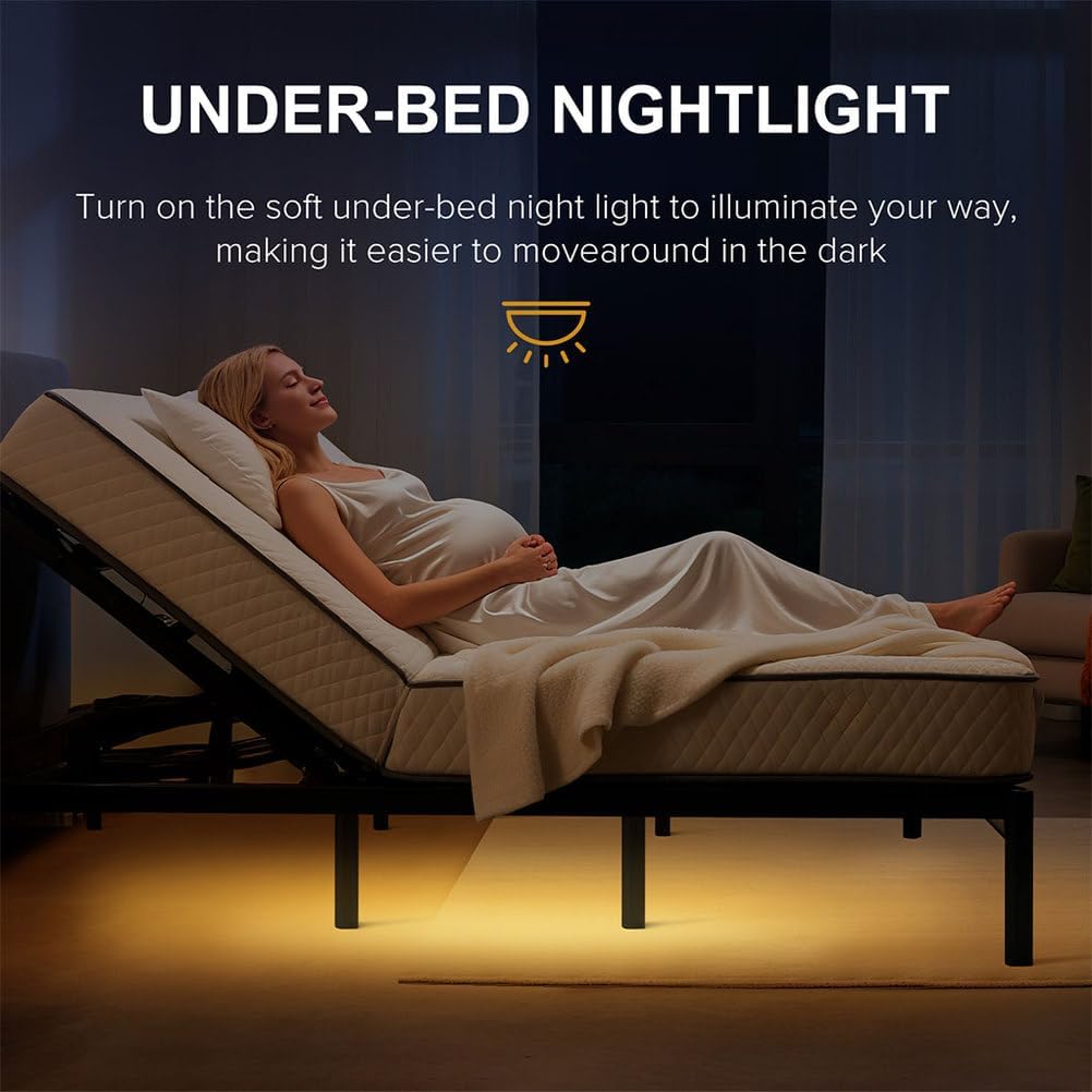 King Adjustable Bed Frame with Massage, Wireless Remote, Under-Bed Nightlight & USB Ports, Zero Gravity Electric Bed