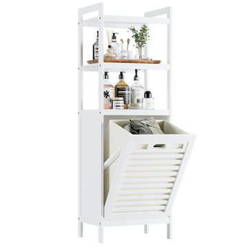 Bamboo Tilt Out Hamper, 10 Gal Bathroom Laundry Cabinet with Hidden Foldable Basket, Freestanding Clothes Storage