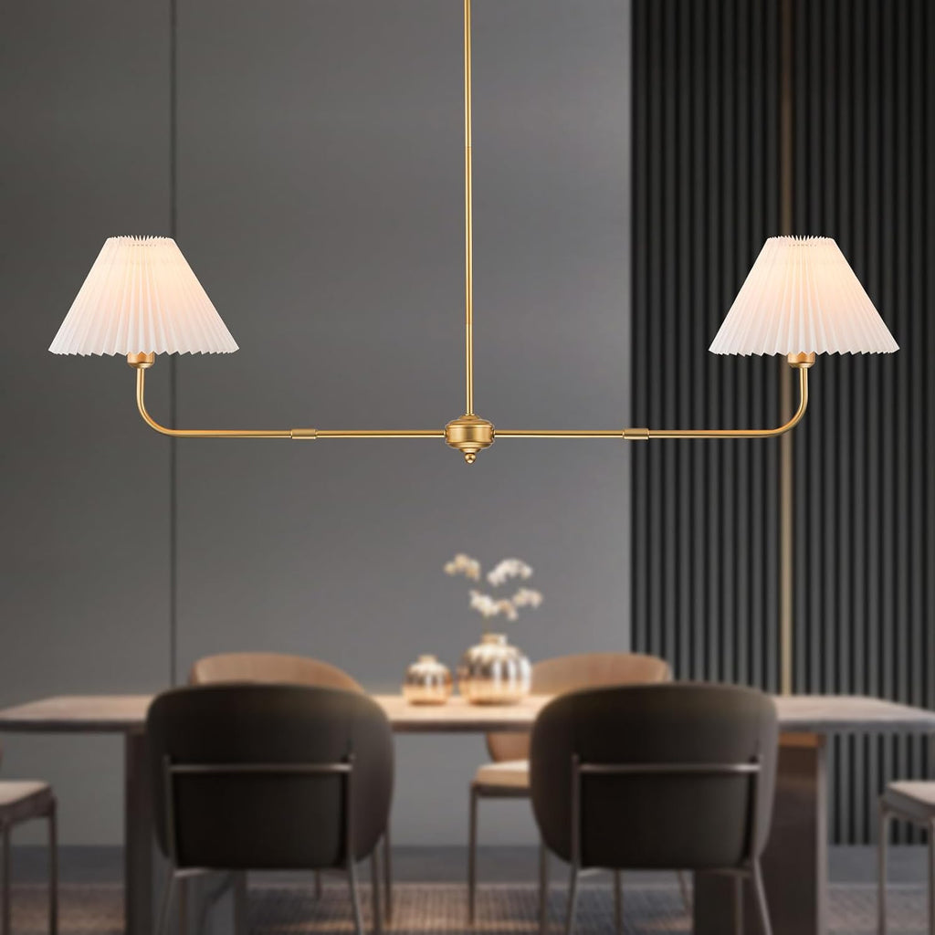 2-Light Gold Linear Chandelier with White Fabric Shade | 55" Modern Dining Room Light Fixture, Kitchen Island
