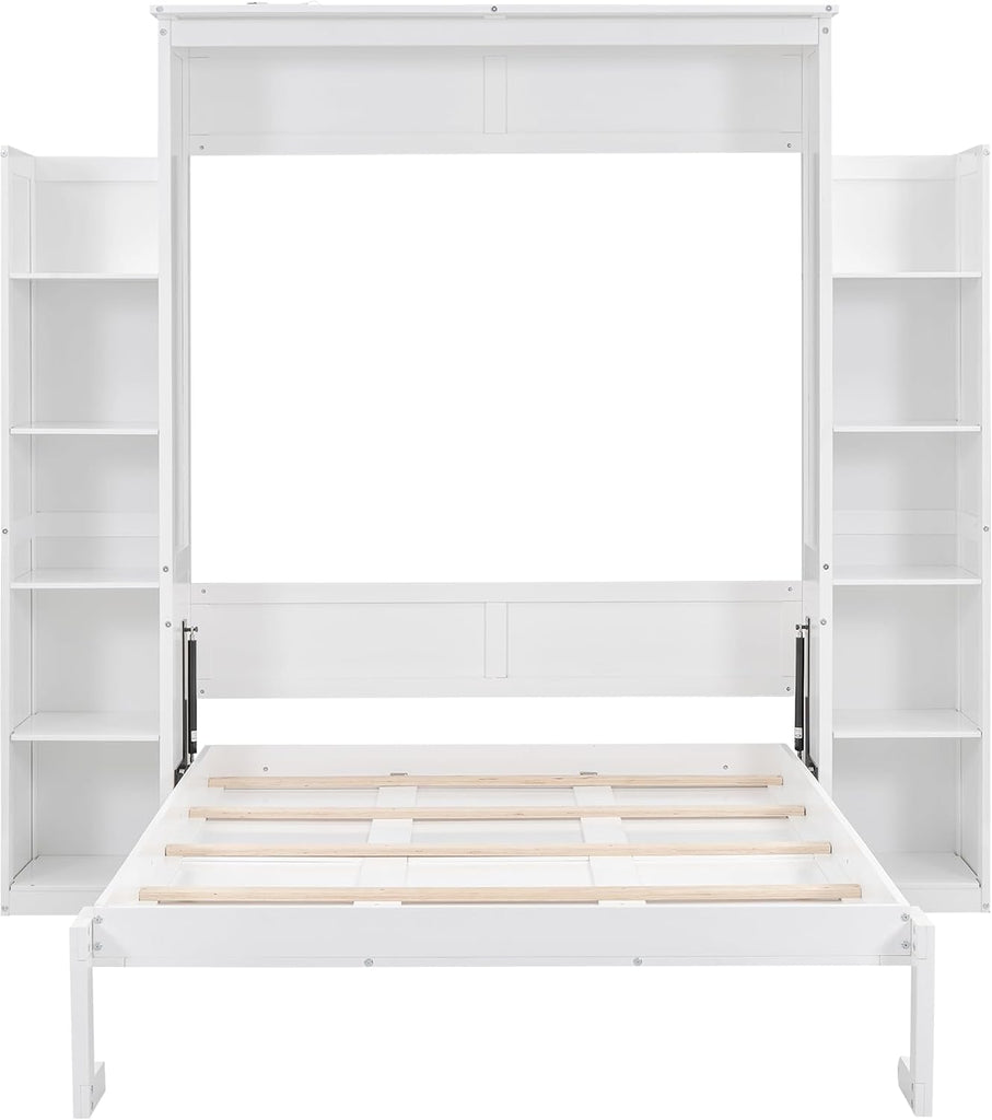Full Murphy Bed, Wooden Full Murphy Wall Bed with Shelves and LED Lights, White